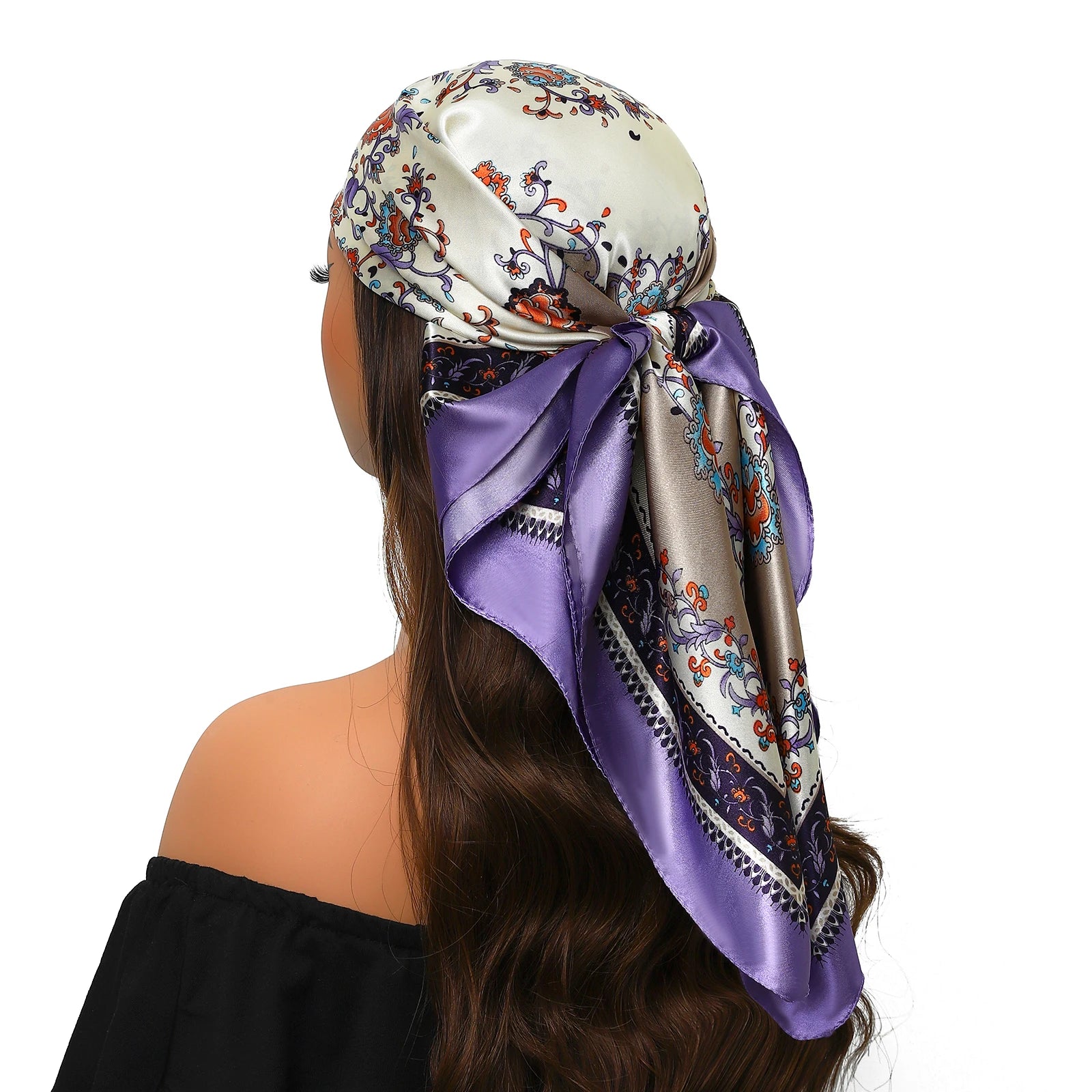 Pañuelo para la cabeza de marca de lujo para mujer, cuadrado, 90 x 90 cm, pañuelo de seda satinado, pañuelo suave para el cuello.
