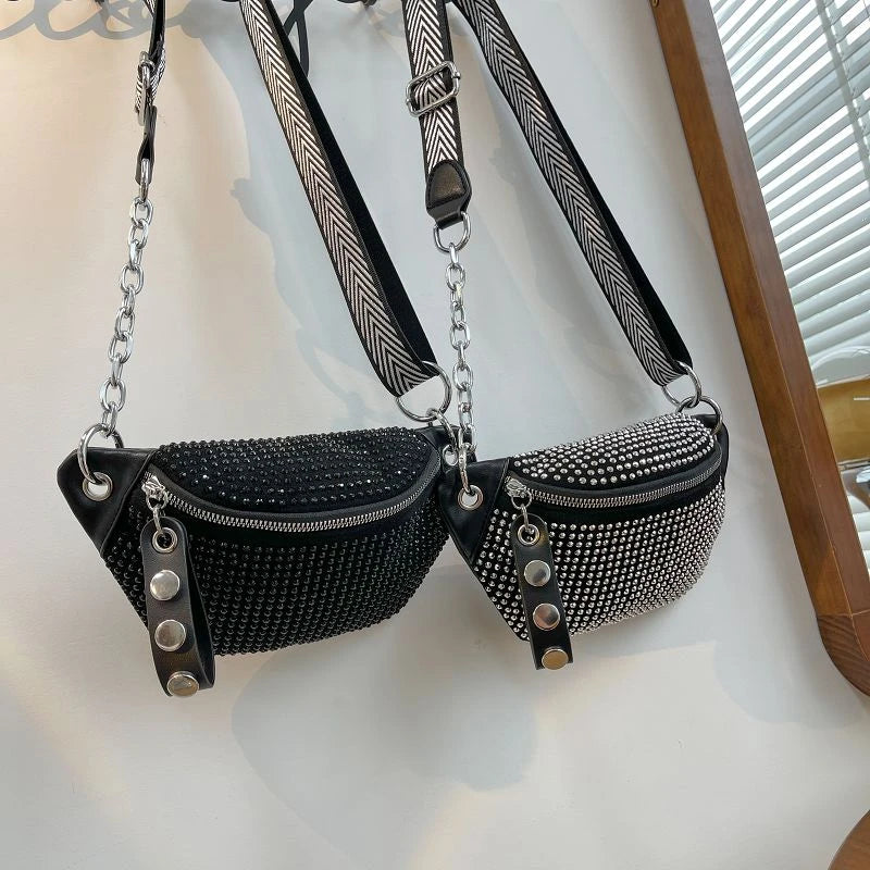 Riñonera de piel con diseño de diamante para mujer, bolso de hombro tipo bandolera con cadena, ideal para el pecho.