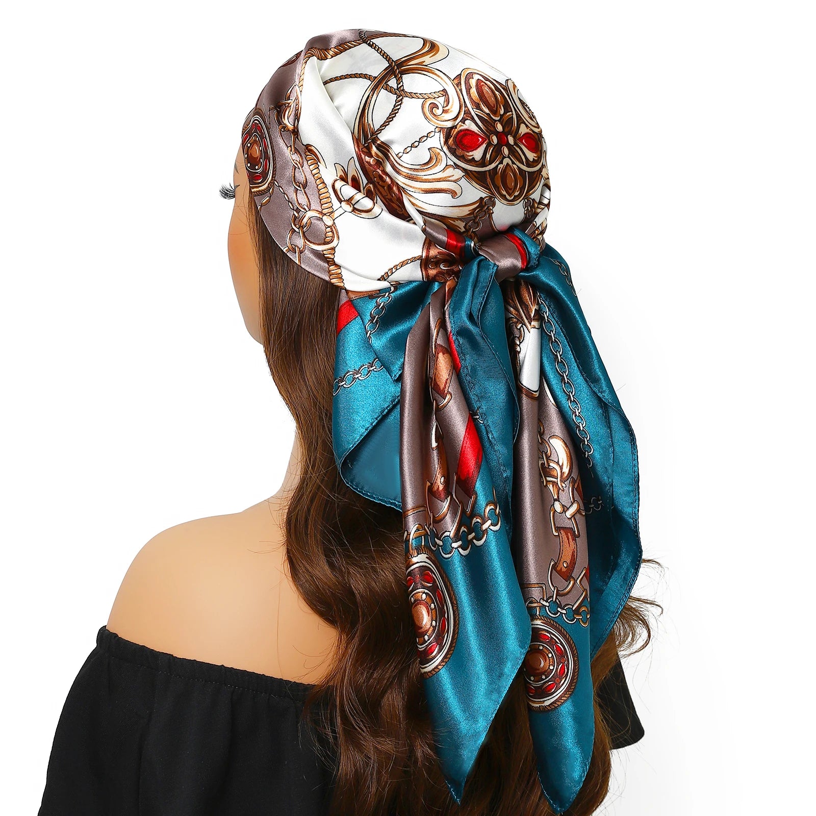 Pañuelo para la cabeza de marca de lujo para mujer, cuadrado, 90 x 90 cm, pañuelo de seda satinado, pañuelo suave para el cuello.