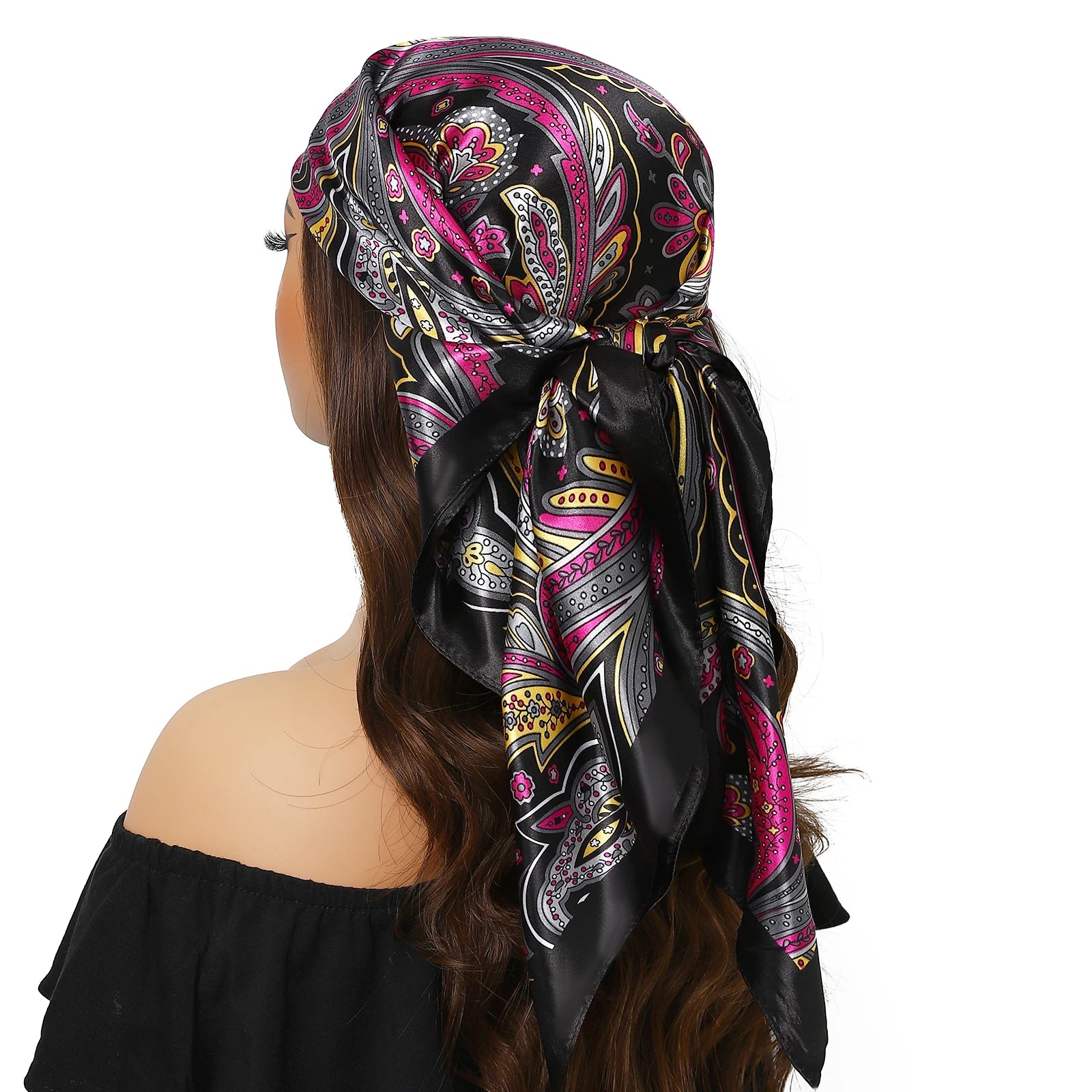 Pañuelo para la cabeza de marca de lujo para mujer, cuadrado, 90 x 90 cm, pañuelo de seda satinado, pañuelo suave para el cuello.