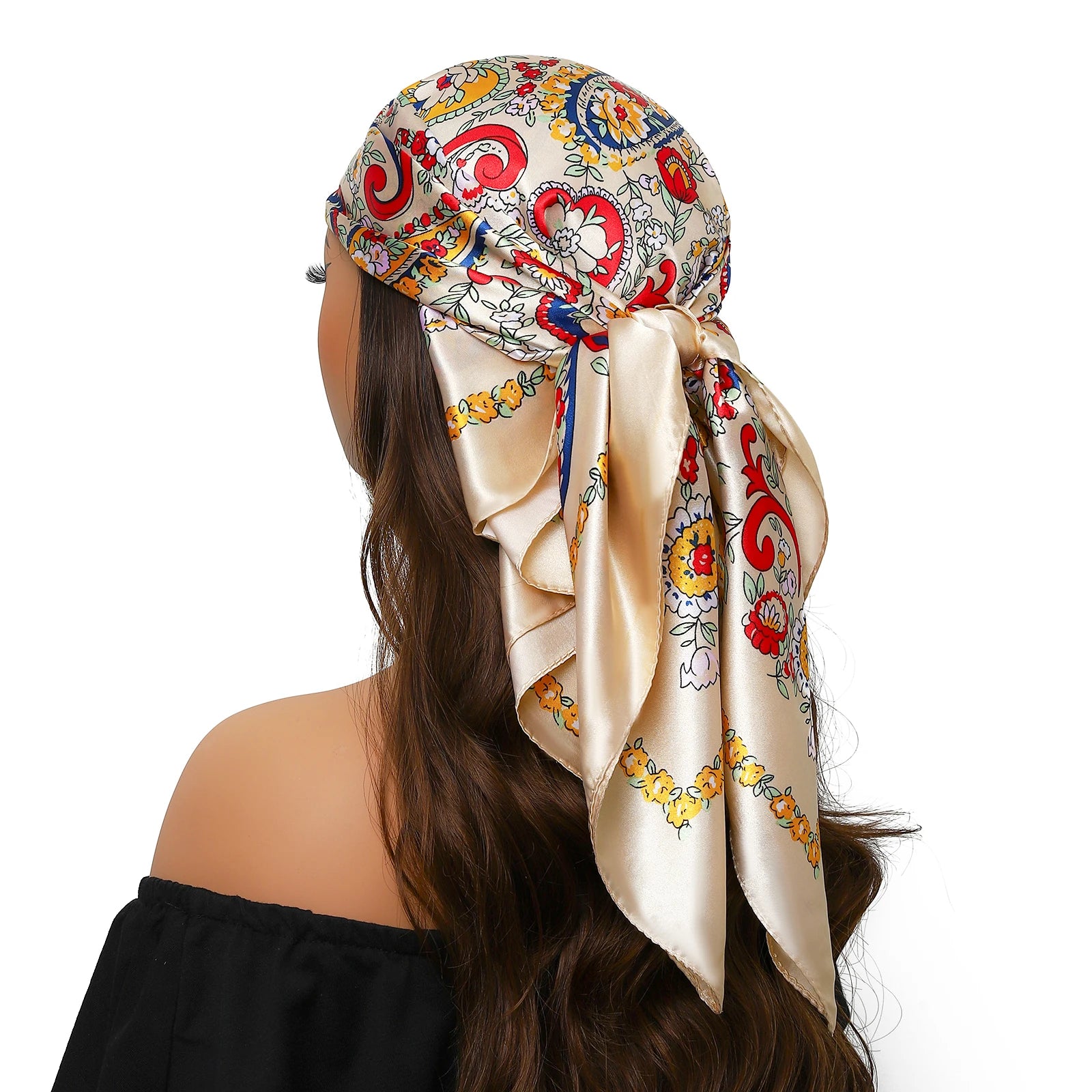 Pañuelo para la cabeza de marca de lujo para mujer, cuadrado, 90 x 90 cm, pañuelo de seda satinado, pañuelo suave para el cuello.