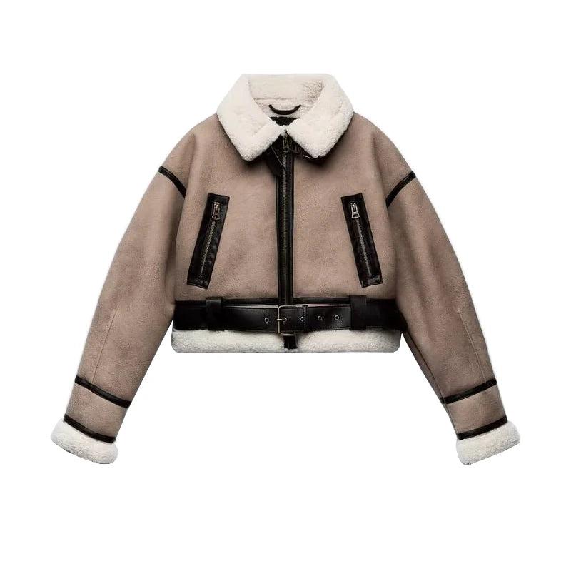 Chaqueta corta de piel sintética abrigo con hebillas metálicas, solapa, mangas largas, forro de piel sintética, chaqueta cálida para exteriores
